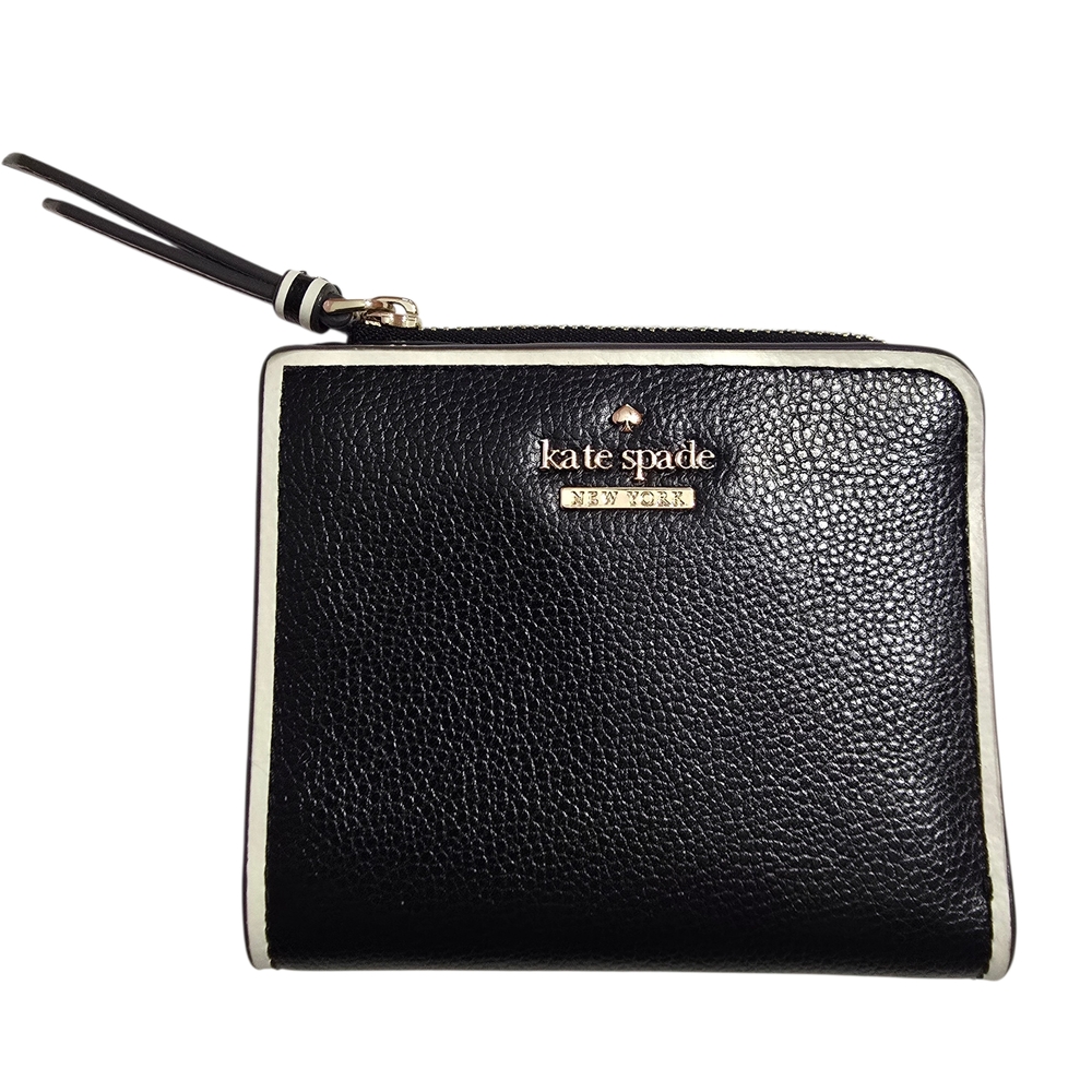 Kate Spade Leather Bifold Black & White Zip Wallet Money Travel